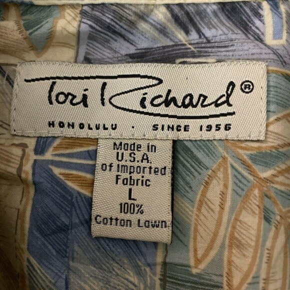 Tori Richard Hawaiian shirt Mens L Beige Cotton Lawn Aloha Vacation - Picture 7 of 8